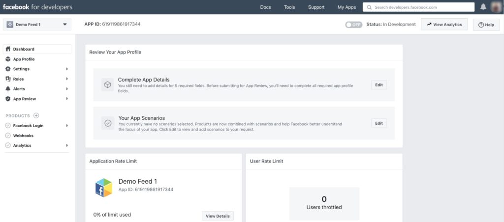 Facebook App Dashboard