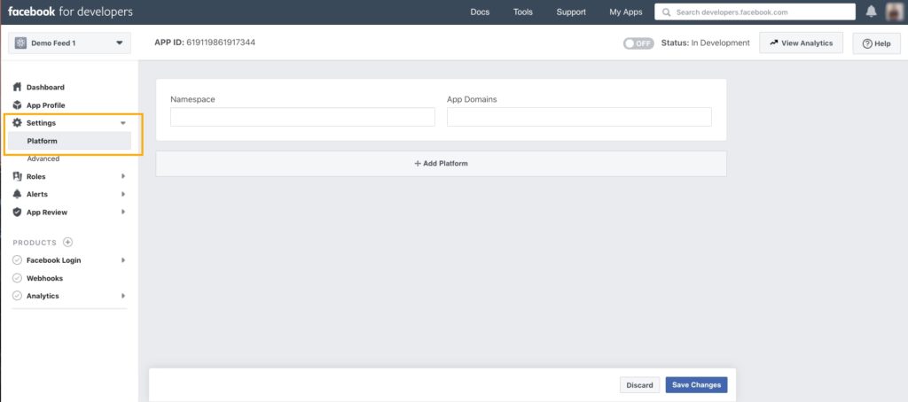 Facebook App Platform Settings
