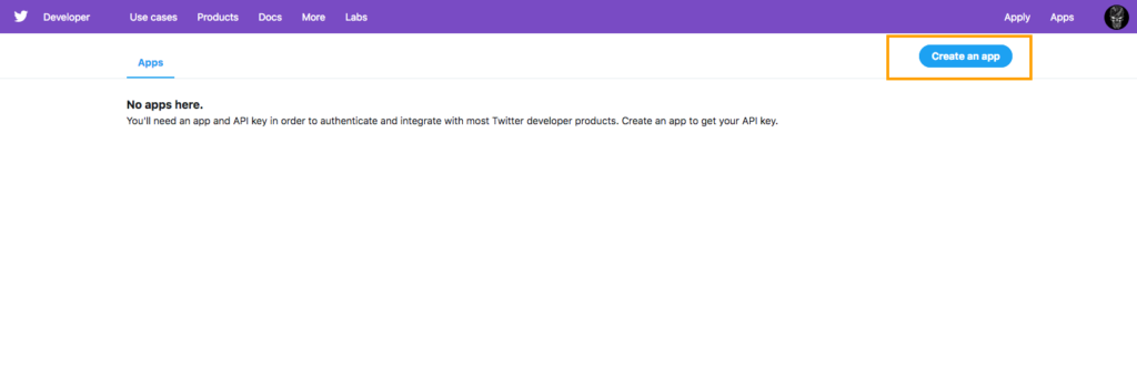 Tw Create new app