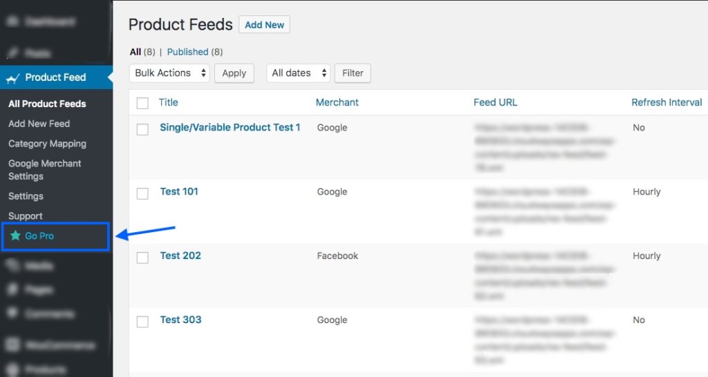 Product Feed Go Pro to upgrade