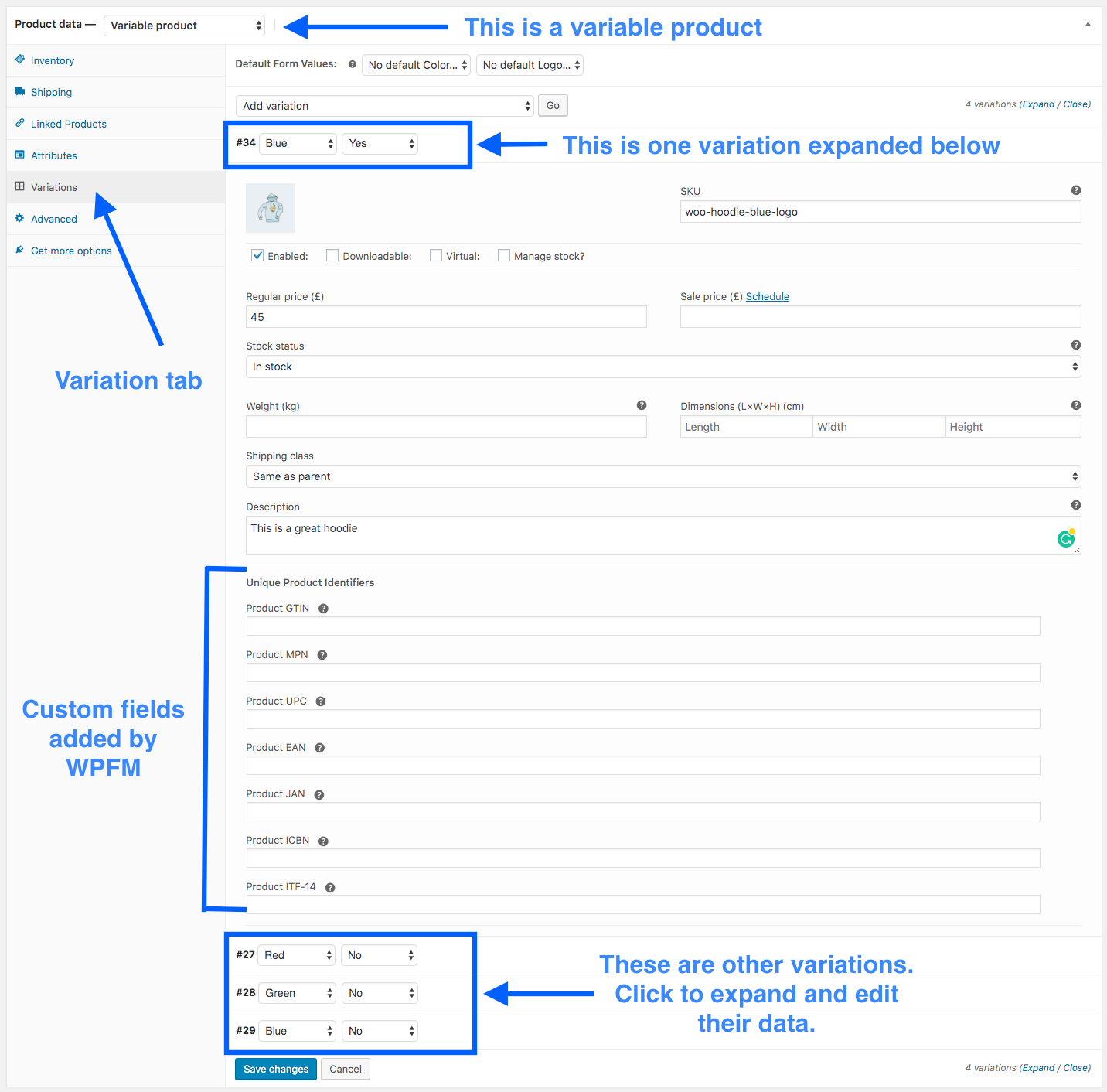 Custom fields for variable products