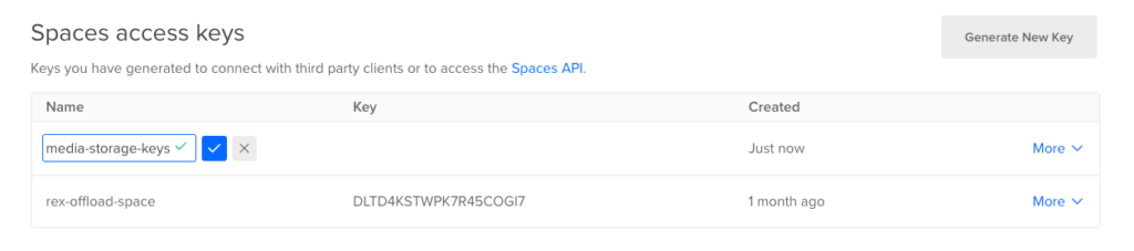 Name New Spaces Access Keys