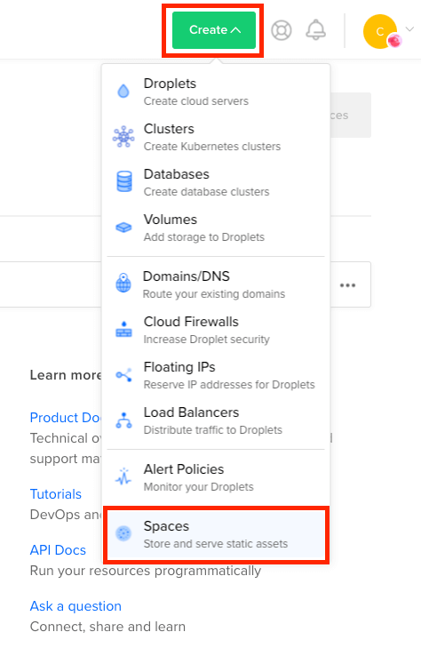 Create New on DigitalOcean Account