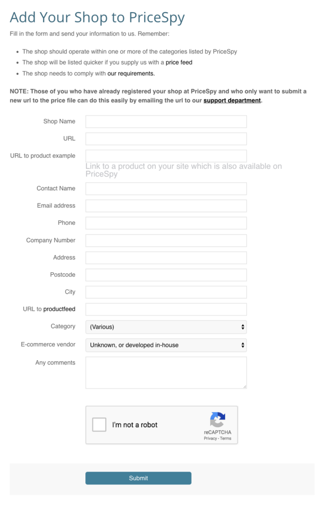 Pricespy registration form