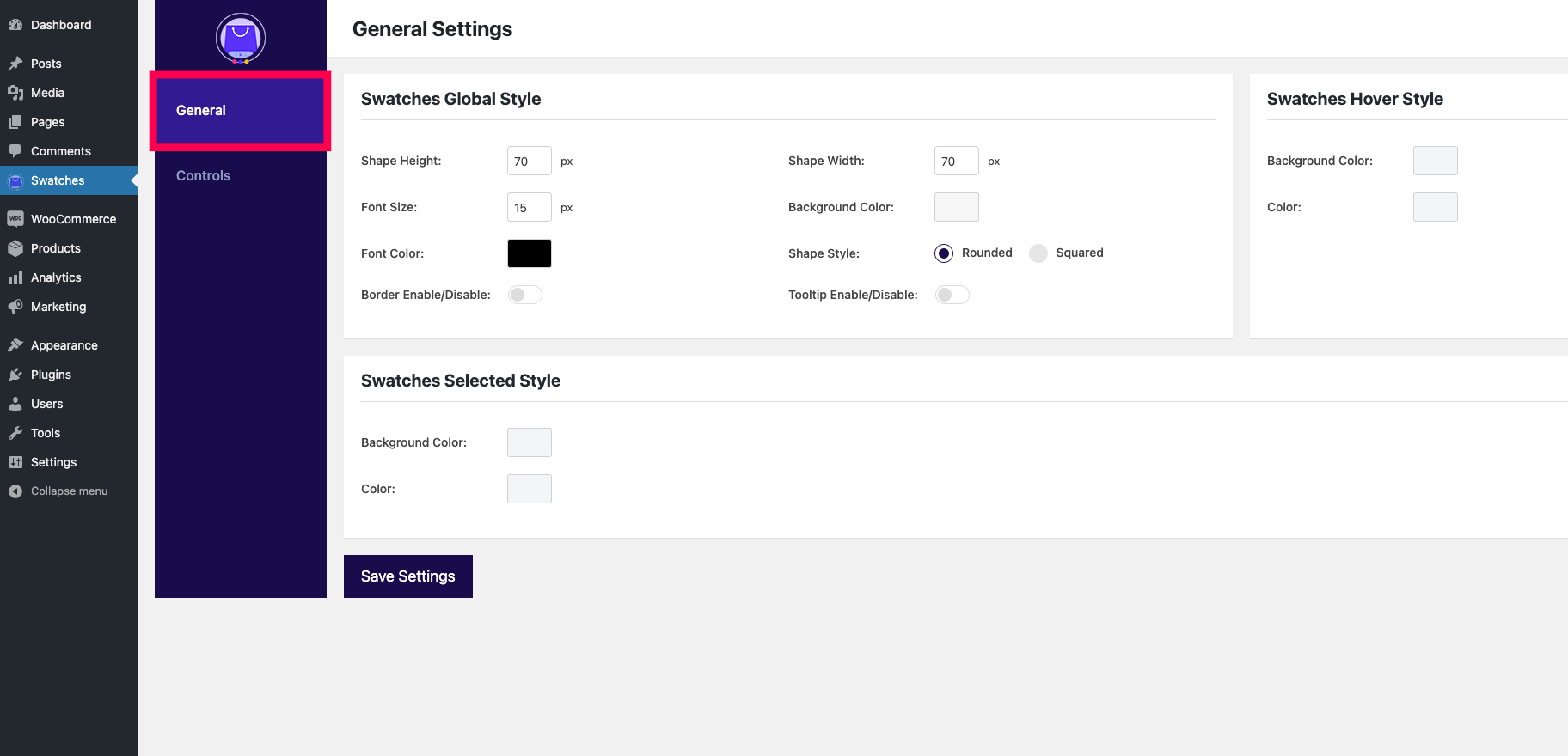 Variation Swatches General Settings