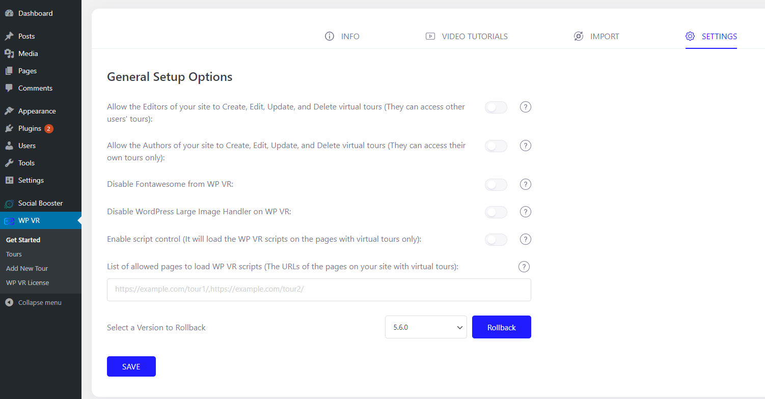 WPVR General Setup Options