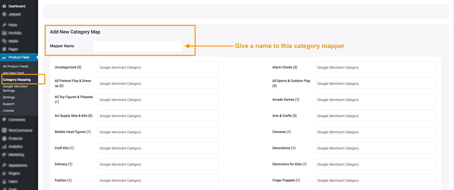 Category Mapping menu