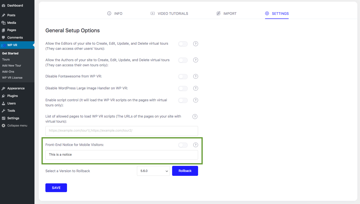 Front End Notice Option