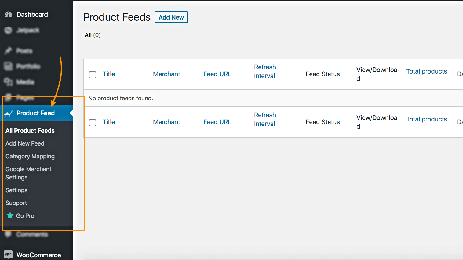 Product feed menu after installation and activate (product title)