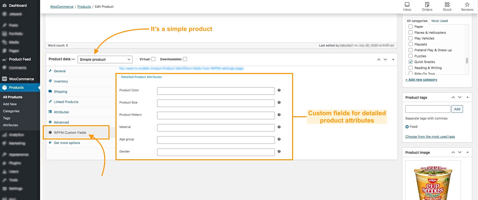 Product attributes custom fields simple
