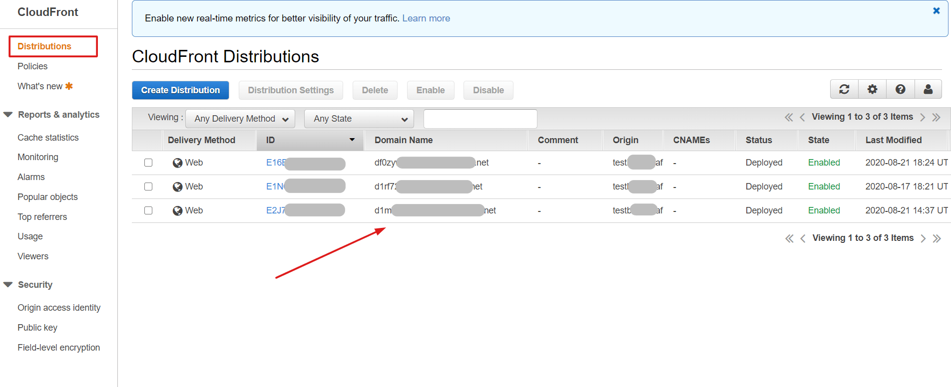 CloudFront Distributions Home