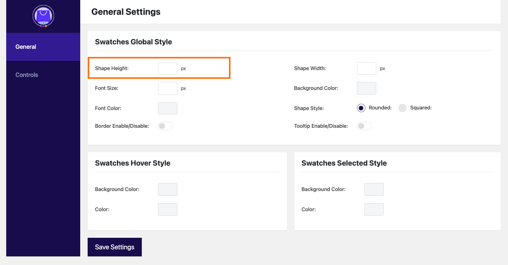 Select Shape height for Swatches Global Style