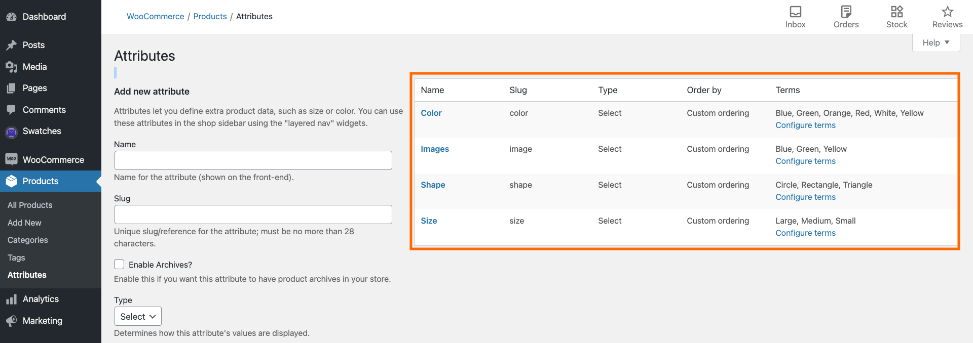 WooCommerce Attributes Page