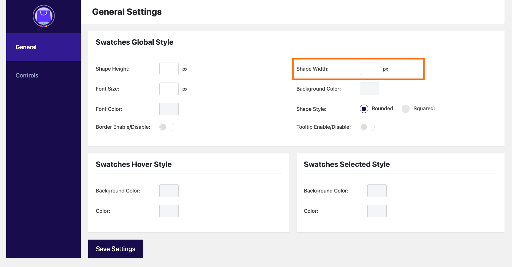 Select Shape width of the Swatches