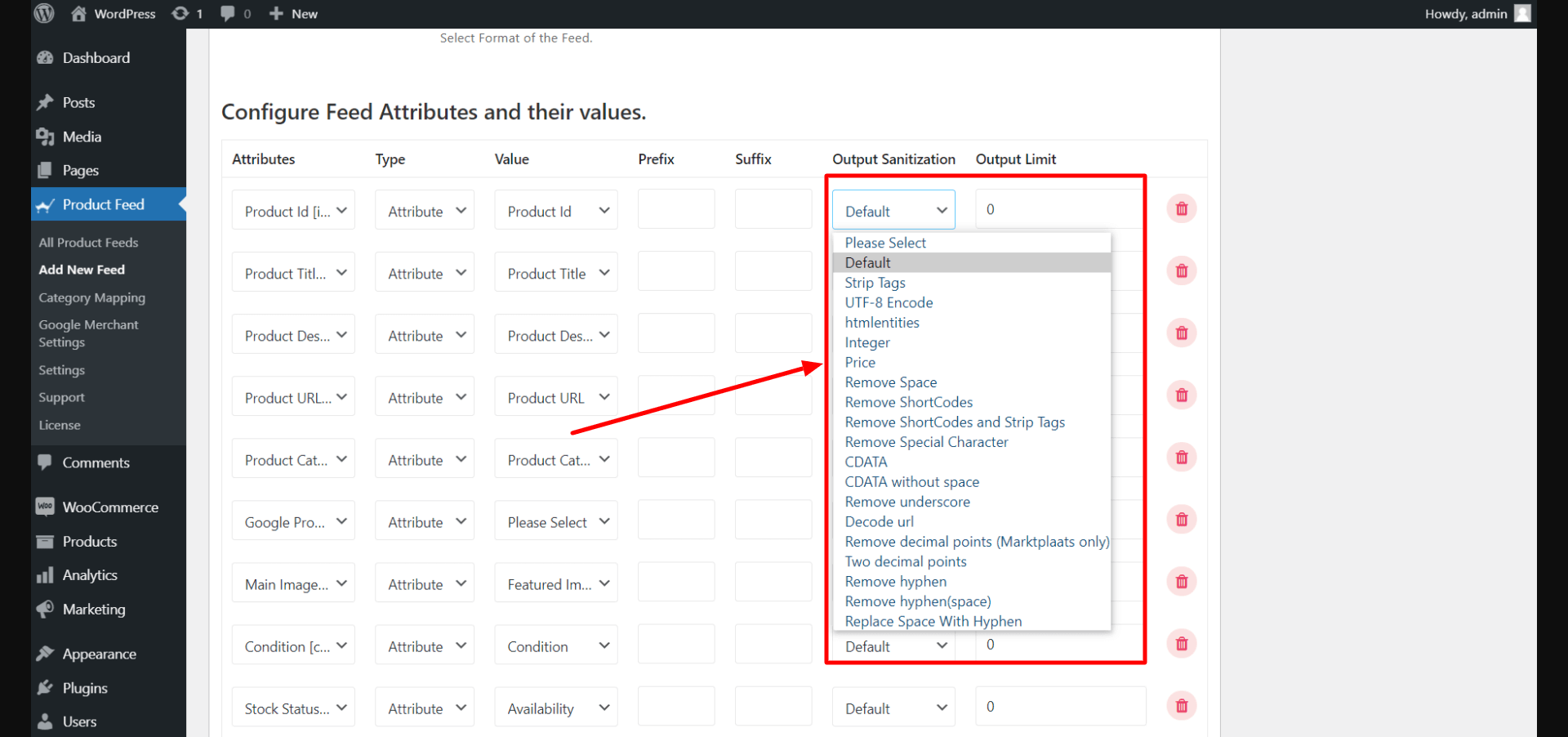 Product Feed Manager Output Sanitization Dropdown List