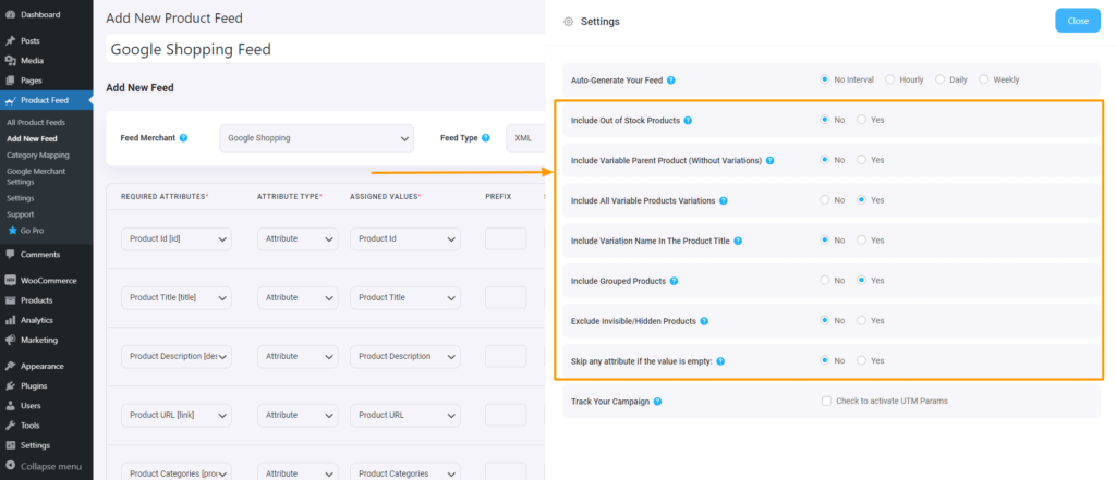 Feed Settings Options