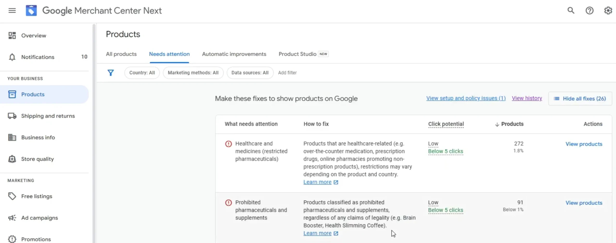 Needs Attention'' to identify Google feed errors