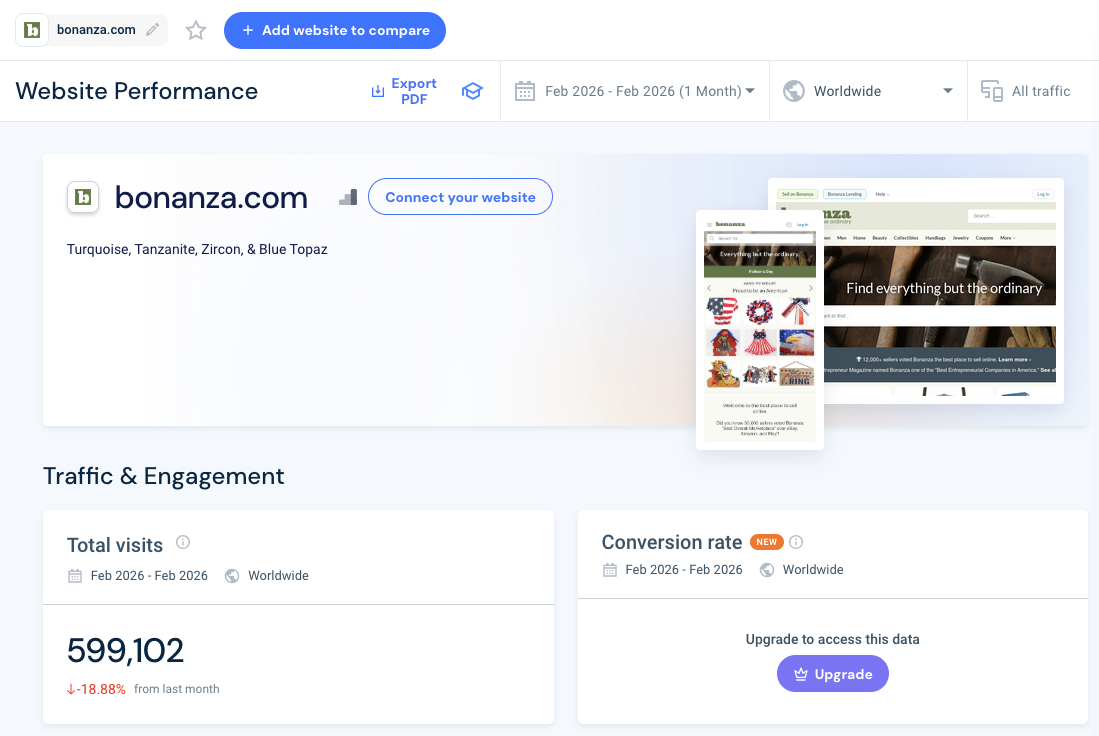 Monthly Traffic on Bonanza (February 2026) to sell jewelry online