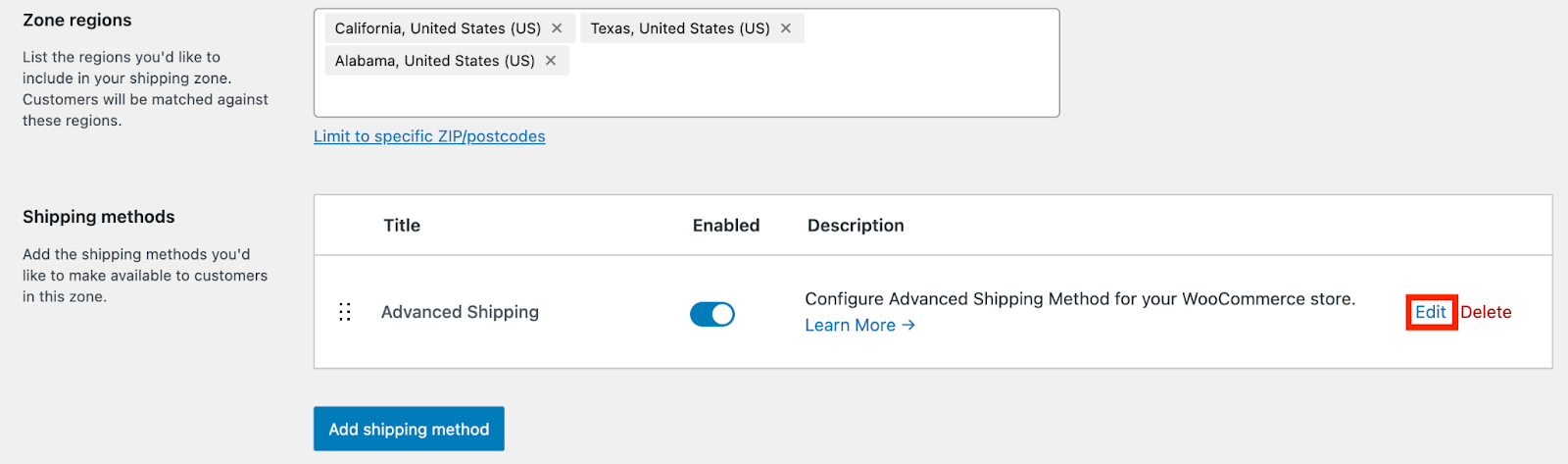 Edit Shipping Methods