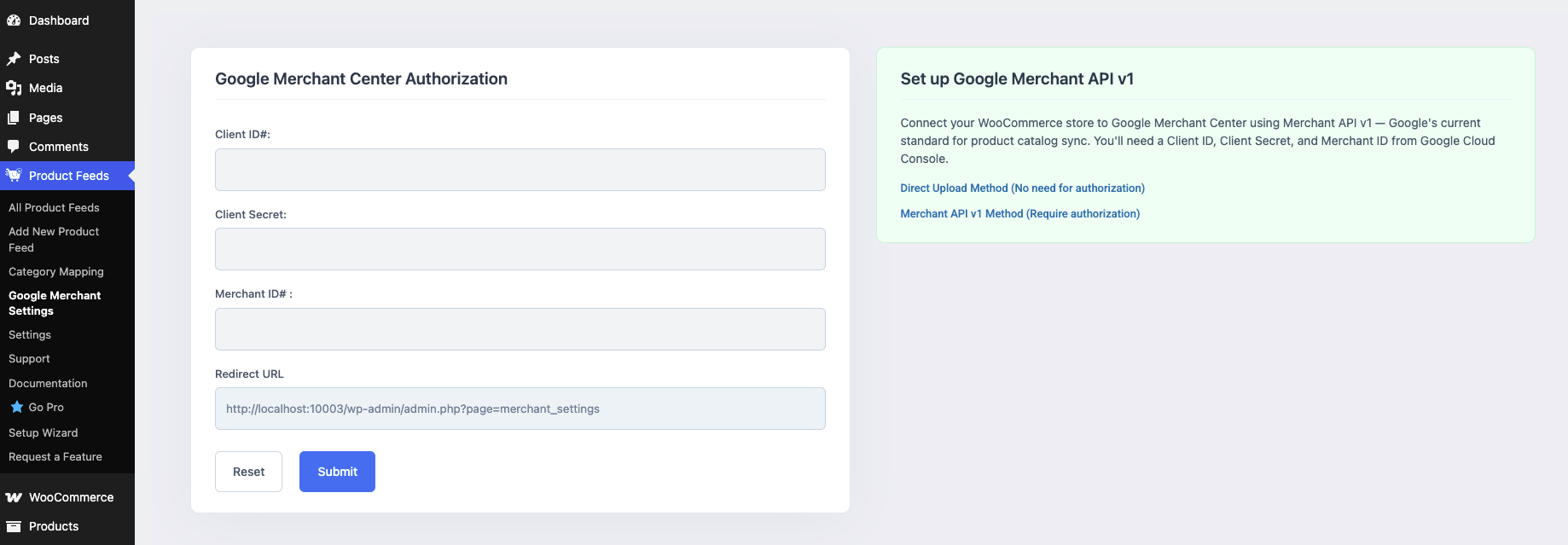 PFM Merchant API Settings