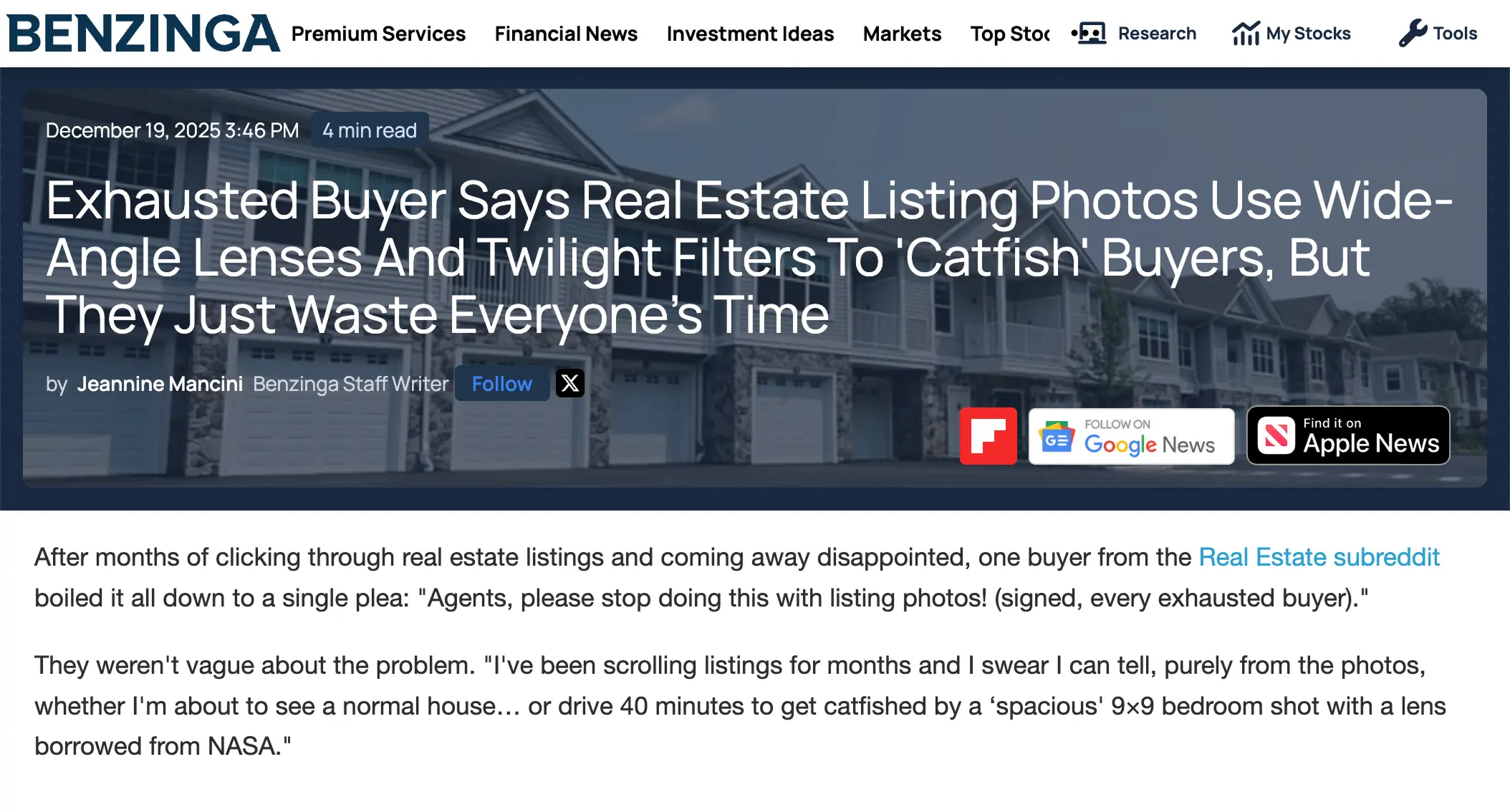 Benzinga article on buyer complaining about wide angle lense used to capture property photos