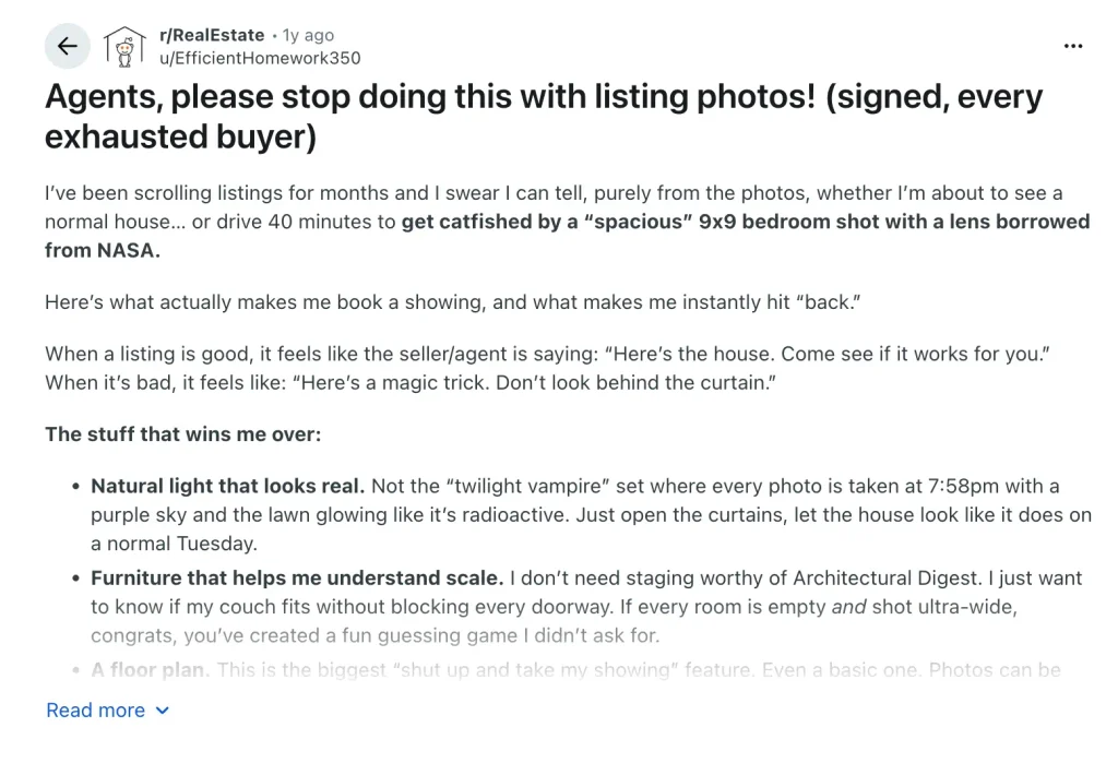 A Reddit discussion in r/RealEstate about listing photos, where a homebuyer explains why floor plans and realistic photos help them decide whether to book a showing.
