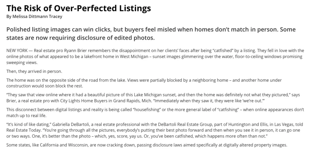 Florida Realtors article titled “The Risk of Over-Perfected Listings,” explaining how edited real estate photos can mislead buyers about a property's actual appearance and