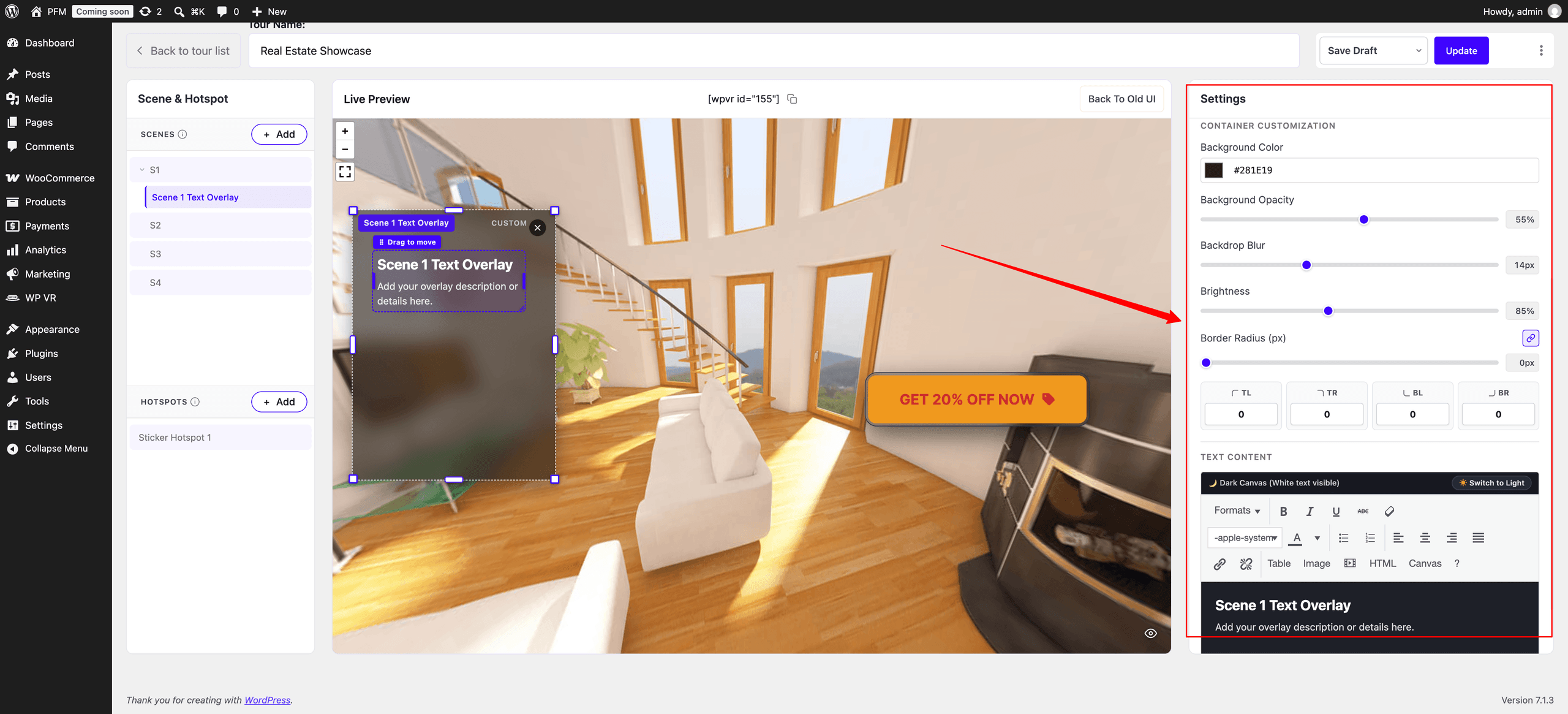 WPVR Text Overlay Settings